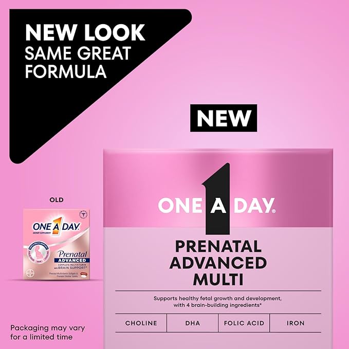 One A Day Prenatal Advanced- Prenatal Vitamins with Folic Acid, Choline, DHA & Iron, Pregnancy Vitamins for Women to Support Baby’s Development, 30+30 Ct (60 Total Set) (Packaging May Vary)