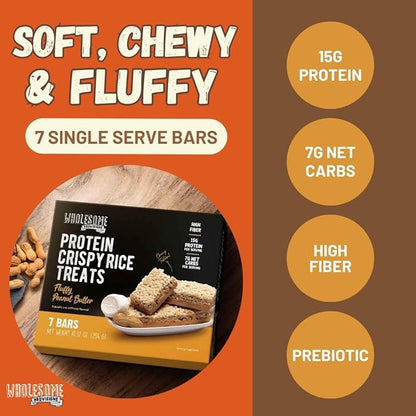 Protein Crispy Rice Treats, 15g Protein, 3g-7g Net Carbs, Low Carb, Fluffy, Soft, Chewy, Gluten Free, High Fiber, Keto-Friendly, No Aftertaste (Fluffy Peanut Butter, 5 Pack)