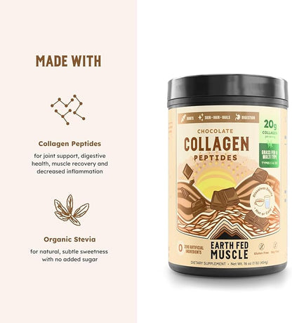 Earth Fed Muscle Chocolate Collagen Peptides Powder – Grass Fed Hydrolyzed Collagen for Women & Men - Healthy Bones, Skin & Hair - Types 1 & 3 Collagen Powder, 20g Per Serving, 19 Servings