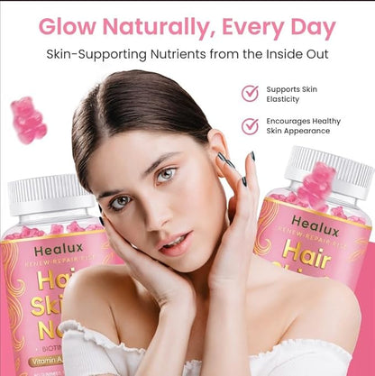 Hair Skin and Nails Gummies, 5000 mcg Biotin with Vitamins A, C, D2 & E, B-Complex, Zinc & Iodine, Hair Skin and Nails Vitamins for Women & Men, Supports Hair Growth, Nails, Glowing Skin - 60 Gummies