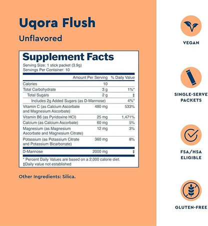 Uqora Flush - Urinary Tract* with D-Mannose, Vitamin C, Vitamin B6, Potassium, Magnesium & Calcium - Gluten-Free & Vegan - Unflavored - 20 Packets (2 Pack)