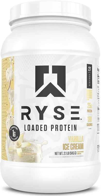 RYSE Loaded Protein Powder - Vanilla Ice Cream - 25g Whey Protein Isolate & Concentrate with Prebiotic Fiber & MCTs - Low Carb, Low Sugar, Digestive-Friendly - 27 Servings / 2 lb Tub