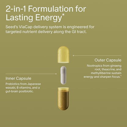 Seed AM-02 Energy + Focus - Daily Nootropic Supplement for Women & Men - Fast-Acting & Sustained Energy for Up to 6 Hours - Caffeine-Free Vegan & Shelf-Stable - 30 Capsules (30-Day Supply)