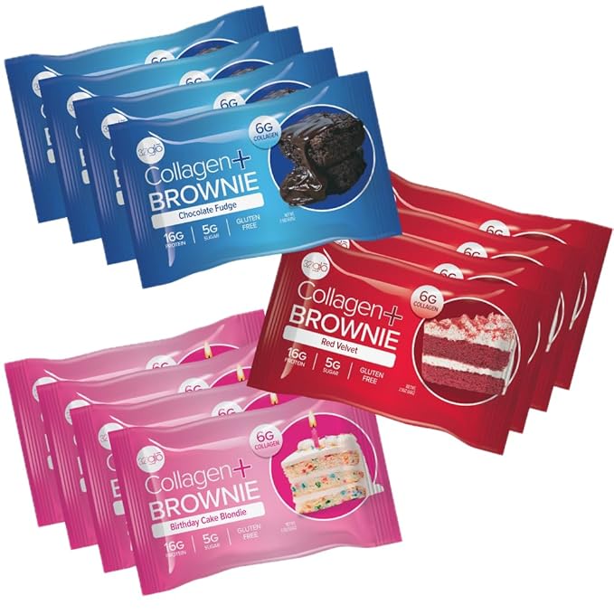 321glo Collagen Protein Brownie | Gluten Free, Low Sugar | Keto Snack for Women, Men, & Kids | 16g Protein, 6g Collagen | 12 Pack (12 Pack, Variety Pack)