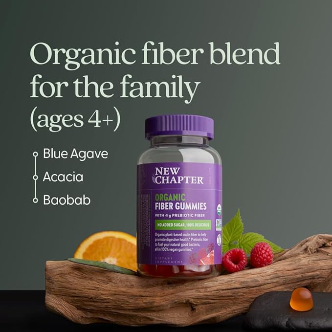 New Chapter Organic Fiber Gummies for Adults & Kids (Age 4+), Plant-Based Prebiotic Fiber for Digestive Health, Vegan, Non-GMO, USDA Organic, Gluten Free, Citrus-Berry Flavored, 60 ct, (Pack of 2)