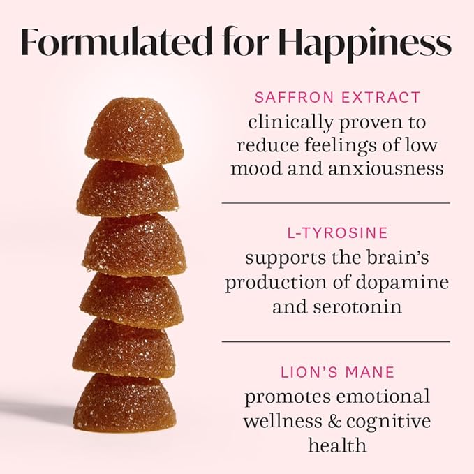 Winged Wellness Happy Her - Mood Support Gummies - Contains Saffr’ Activ Saffron Extract, 5-HTP, L-Tyrosine, Lion's Mane, Lemon Balm, and Chaste Tree - Vegan Gummy, Cherry Flavored - 3 Pack, 126 Count
