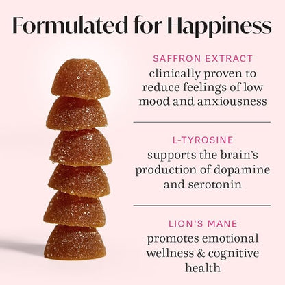 Winged Wellness Happy Her - Mood Support Gummies - Contains Saffr’ Activ Saffron Extract, 5-HTP, L-Tyrosine, Lion's Mane, Lemon Balm, and Chaste Tree - Vegan Gummy, Cherry Flavored - 3 Pack, 126 Count