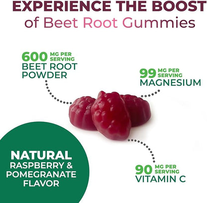 Beet Root Supplement Gummies - Superfood with Beetroot Extract Powder with Vitamin C & Magnesium - Supports Energy Heart Health & Nitric Oxide Production - Red Beets Supplements Gummy - 60 Gummies