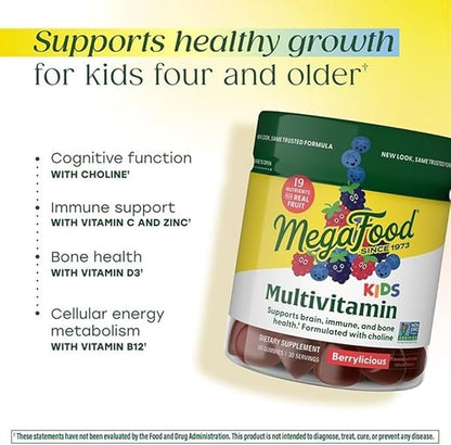 MegaFood Kids Multivitamin Gummies - Kids Vitamins - Age 4+ with Vitamin C, Vitamin D, Zinc, Choline, and Real Fruit - Brain & Immune Support - Berrylicious Flavor - 60 Gummies (30 Servings)