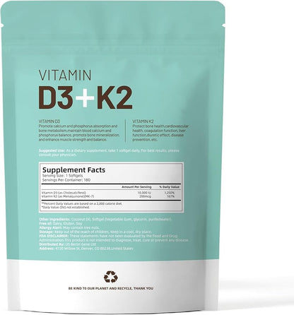 VivoNu Vitamin D3 K2 10000 IU with MK7-300 Virgin Coconut Oil Softgels, 2 in 1 Vitamins D & K Complex | Vitamina D3 con K2 ((180 capsules/1Bag))