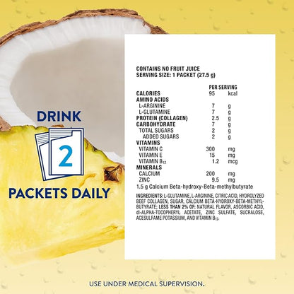Juven Therapeutic Nutrition Drink Powder Including Collagen Peptides, Amino Acids, and HMB for Wound Healing Support, Pineapple Coconut, 30 Packets