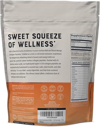 Live Conscious Collagen Peptides Powder - Peach Mango Flavored Collagen Powder - Hair, Skin, Nail, & Joint Support - Type I & III Grass-Fed Collagen Supplements for Women and Men - 30 Servings - 13oz