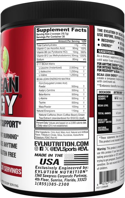 EVL BCAA Lean Energy Powder - Pre Workout Green Tea Fat Burner Support with BCAAs Amino Acids and Clean Energizers - Post Workout Recovery Drink for Lean Muscle Recovery - Cherry Limeade