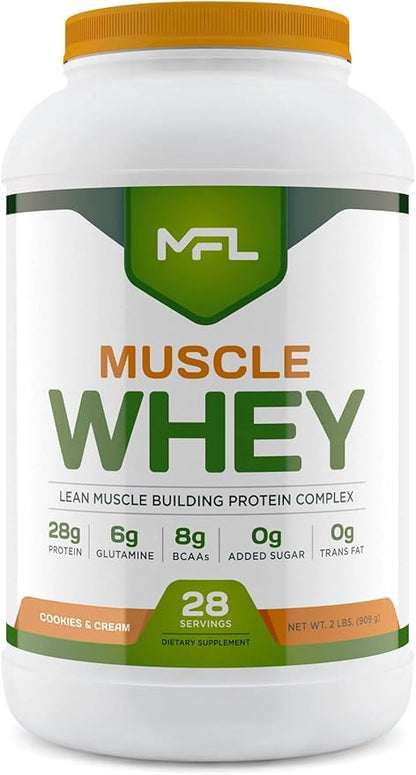 MFL Muscle Whey Protein l 28g of Protein l 8g BCAAs l Keto Friendly l Low Carbs l 2 lbs (Cookies and Cream)