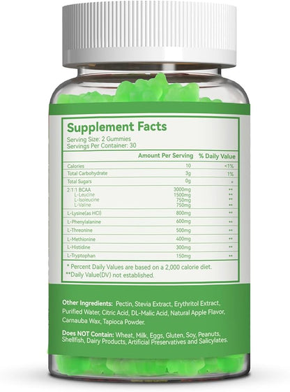 SmideHeal EAA Gummies, 5750 mg Essential Amino Acids - All 9 Essential Aminos (EAA) and All Branched-Chain Aminos (BCAAs), Non-GMO, Gluten Free, Vegetarian Friendly, Apple Flavor, 60 Gummies