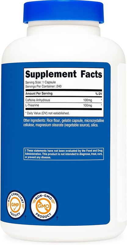 Nutricost Caffeine with L-Theanine, 100mg of Each, 240 Capsules, 240 Servings - Non-GMO and Gluten Free (Pack of 2)