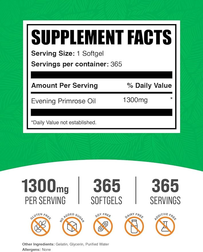 BulkSupplements.com Evening Primrose Oil Softgels - GLA Supplements, Evening Primrose Oil 1300mg - Gluten Free, 1 Softgel per Serving, 365 Count (Pack of 1)