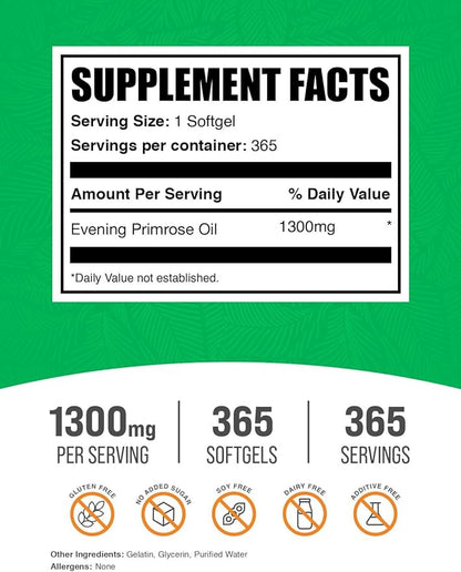 BulkSupplements.com Evening Primrose Oil Softgels - GLA Supplements, Evening Primrose Oil 1300mg - Gluten Free, 1 Softgel per Serving, 365 Count (Pack of 1)