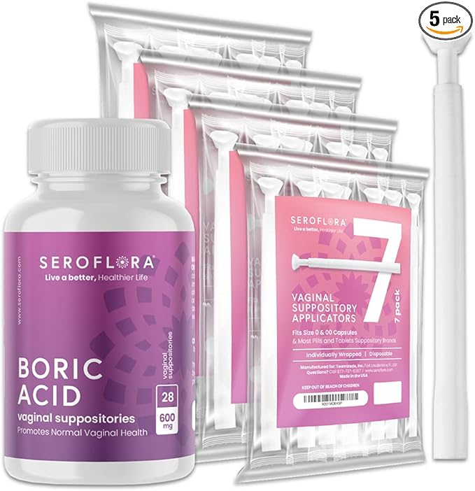 Seroflora Boric Acid 600mg Feminine Capsules, Feminine pH Support, Intimate Freshness for Women, Fast-Dissolving Capsules (30 Count) with Applicators (28 Count)