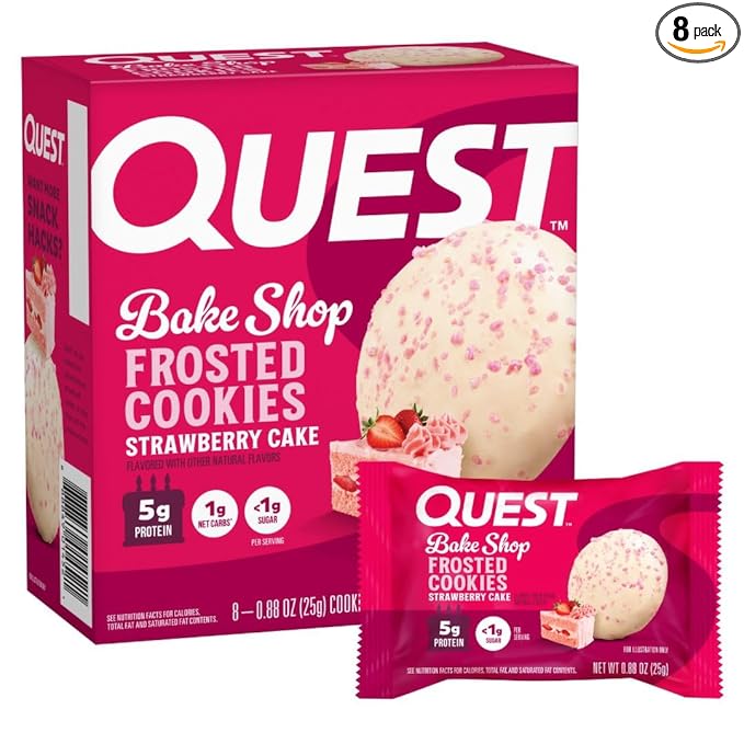 Quest Nutrition Frosted Protein Cookies, Strawberry Cake, <1g Sugar, 5g Protein, 1g Net Carbs, Gluten Free, 8 Cookies