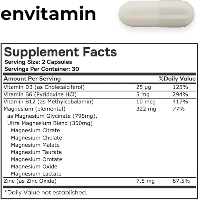 envitamin Ultra Magnesium Glycinate - 8 in 1 Formula with Methylated Vitamin B12, Vitamin D3 and B6.