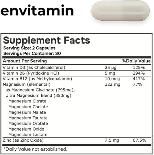 envitamin Ultra Magnesium Glycinate - 8 in 1 Formula with Methylated Vitamin B12, Vitamin D3 and B6.