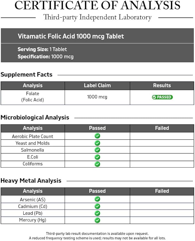 Vitamatic Folic Acid 1000 mcg (1 mg) - Vegetarian Tablets - 1667 mcg DFE - Vitamin B9 (240 Count (Pack of 1))