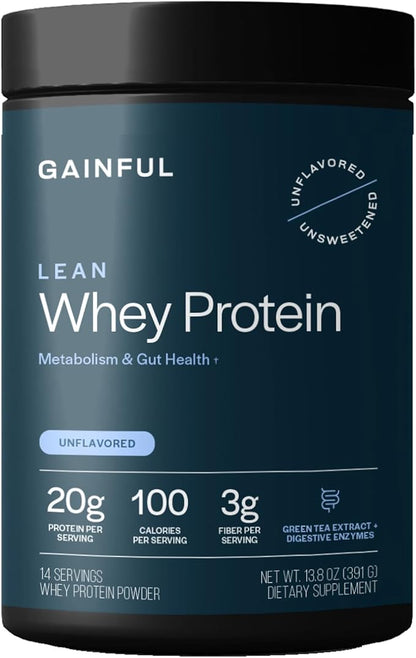 Gainful Lean Whey Protein Powder with 20g Protein per Serving, Unflavored, Supports Lean Muscle, Metabolism, and Satiety, with Green Tea Extract, Digestive Enzymes, Organic Fiber, 14 Servings