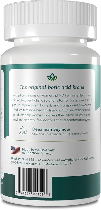 pH-D Feminine Health Support - 600 mg Boric Acid Suppositories - Woman Owned - for Vaginal Odor Use - 12 Count