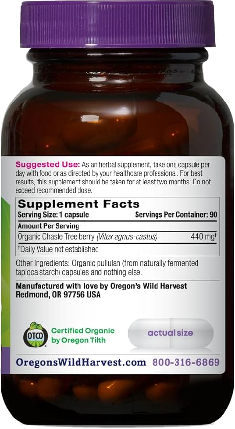 Oregon's Wild Harvest Non-GMO Chaste Tree Capsules,Organic Herbal Supplements, 90 Count
