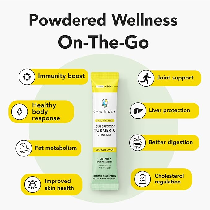 Nano Turmeric Curcumin Drink Powder Supplements–Mango Flavor Daily Morning Routine Immunity Wellness Shot, Gut Health & Joint Support - No Added Sugar, Vegan, Gluten-Free, Non-GMO,12 Sachets