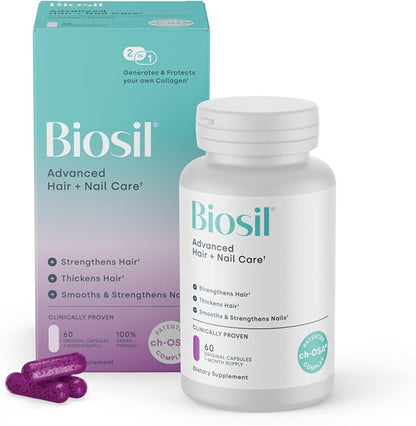 Biosil Advanced Hair + Nail Care - 60 Capsules - Grow, Strengthen & Thicken Hair and Nails - with Patented ch-OSA & Biotin - 30-Day Supply