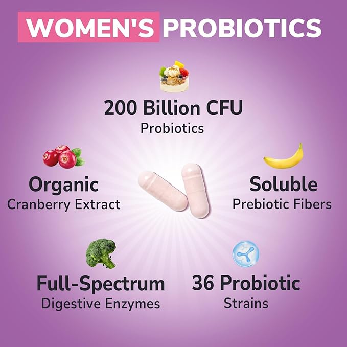 Probiotics for Women 200 Billion CFU, 36 Unique Strains, with Cranberry Prebiotics & Digestive Enzymes, High Potency Vaginal Probiotics, Full-Spectrum Gut Health, 60 Vegan Capsules