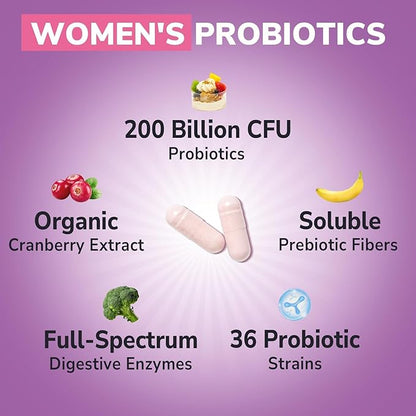 Probiotics for Women 200 Billion CFU, 36 Unique Strains, with Cranberry Prebiotics & Digestive Enzymes, High Potency Vaginal Probiotics, Full-Spectrum Gut Health, 60 Vegan Capsules
