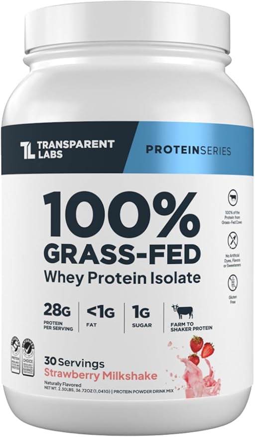 Transparent Labs Grass-Fed Whey Protein Isolate - Natural Flavor, Gluten Free Whey Protein Powder w/ 28g of Protein per Serving & 9 Essential Amino Acids - 30 Servings, Strawberry Milkshake