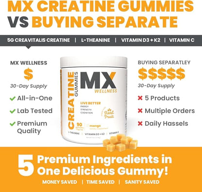 Creatine Monohydrate Gummies for Men & Women – Real Fruit Gummy Supplement for Muscle Growth, Recovery, Longevity, Cognitive Health & Memory – 90 Chews (90 Gummies, Mango)