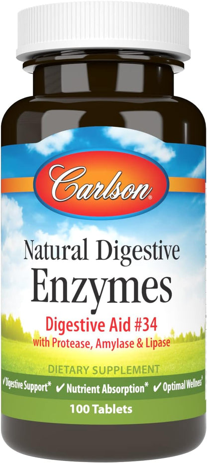 Carlson - Natural Digestive Enzymes, Digestive Aid #34 with Protease, Amylase & Lipase, Digestive Support, Nutrient Absorption & Optimal Wellness, 100 Tablets