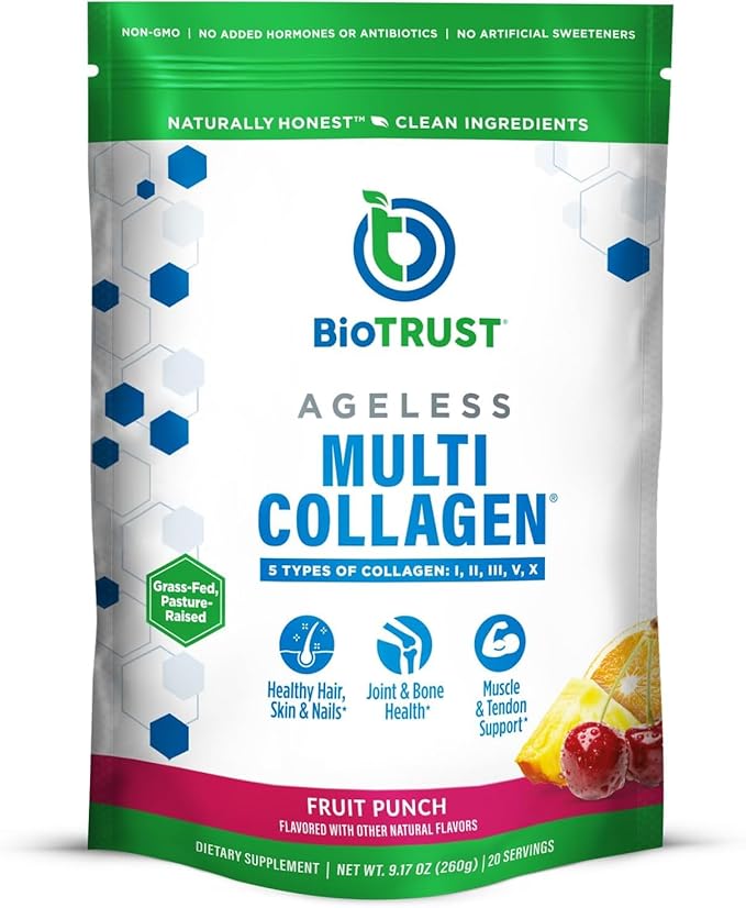 BioTrust Ageless Multi Collagen Peptides Powder – 5 Types (I, II, III, V, X) – Fruit Punch Collagen Powder for Women & Men – Hydrolyzed Protein – Grass Fed Beef, Fish, Chicken, Eggshell Membrane