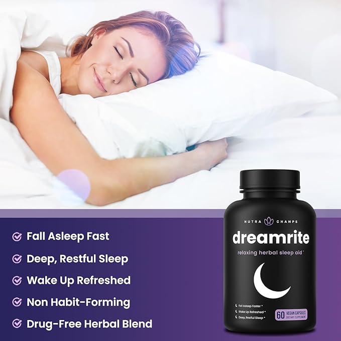 NutraChamps 10-in-1 Natural Sleep Aids for Adults - Melatonin, Lemon Balm 1000mg, Chamomile 400mg, Valerian Root 600mg, L Theanine, L Tryptophan, GABA, Magnesium Sleep Aid