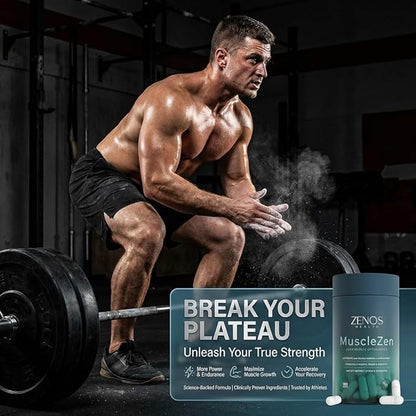 Zenos Health MuscleZen Muscle Builder for Men – ATP Supplements for Strength – Muscle Supplements for Super Recovery – Clear Muscle Support for Lean Muscle Growth - Made in USA, 180 Caps