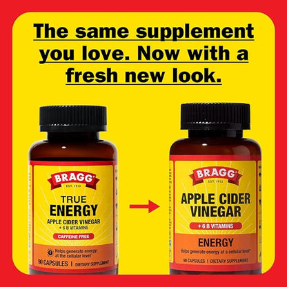 Bragg Energy Apple Cider Vinegar Capsules with B-12 Vitamins - 90 Capsules (2 Pack) – Weight Management - Non-GMO, Vegan, Gluten Free - Helps Generate Energy at Cellular Level for Men and Women
