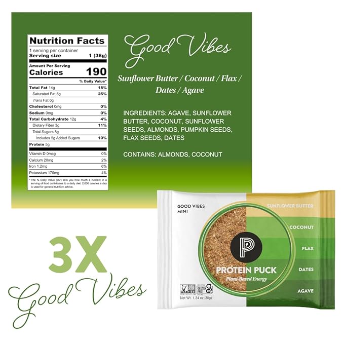 Protein Puck Vegan Plant based Protein Bar – Natural Healthy Snack Bars, 12 Count, 1.34oz Mini, Gluten Free, Dairy Free, No GMO, Kosher – Variety pack - Dark Chocolate, Peanut Butter, Sport Nutrition
