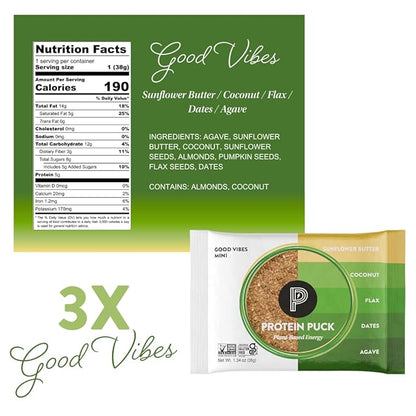 Protein Puck Vegan Plant based Protein Bar – Natural Healthy Snack Bars, 12 Count, 1.34oz Mini, Gluten Free, Dairy Free, No GMO, Kosher – Variety pack - Dark Chocolate, Peanut Butter, Sport Nutrition