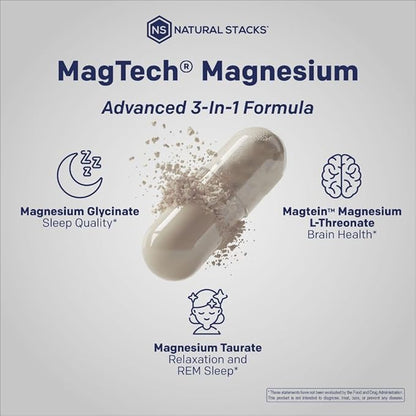 MagTech Magnesium Supplement - 3 Forms of Magnesium: Magtein L-Threonate, Glycinate & Taurate - 200mg Chelated Magnesium Complex - Supports Relaxation & Brain Health - 180 Capsules