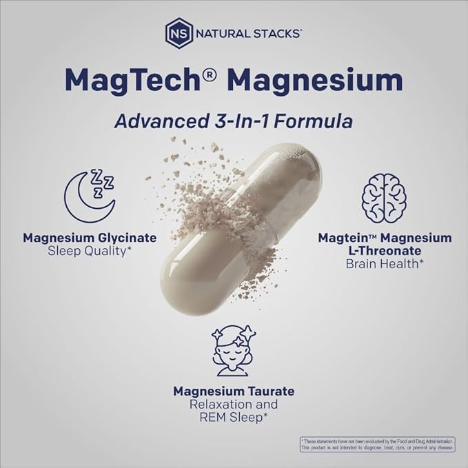 Natural Stacks MagTech Magtein Magnesium L-Threonate, Glycinate & Taurate 200mg Chelated Magnesium Complex Supplement for Relaxation & Brain Health 90 Capsules