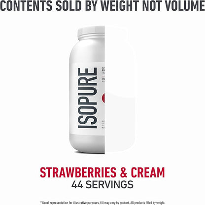 Isopure Zero Carb 100% Pure Whey Isolate Protein Powder, Gluten Free, With Vitamins, Strawberries & Cream, 25g Protein Per Serving, 3 Lbs, 44 Servings (Packaging May Vary)