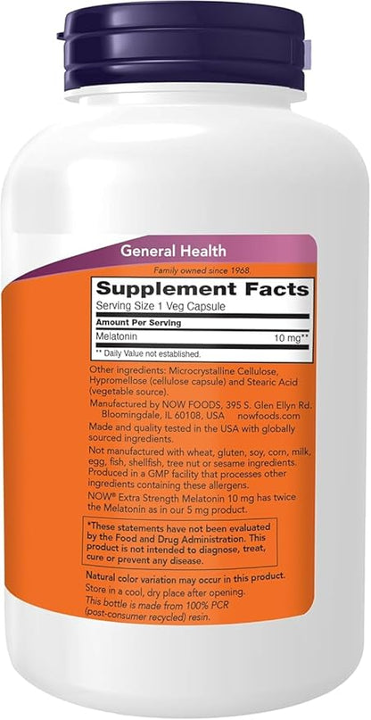 Now Foods Supplements, Melatonin, Extra Strength 10 mg, Free Radical Scavenger*, Healthy Sleep Cycle*, 200 Veg Capsules (Pack of 2)