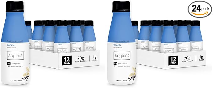Soylent Vanilla Meal Replacement Shake,Ready-to-Drink Plant Based Protein Drink,Contains 20g Complete Vegan Protein and 1g Sugar,14oz,(Pack of 24)