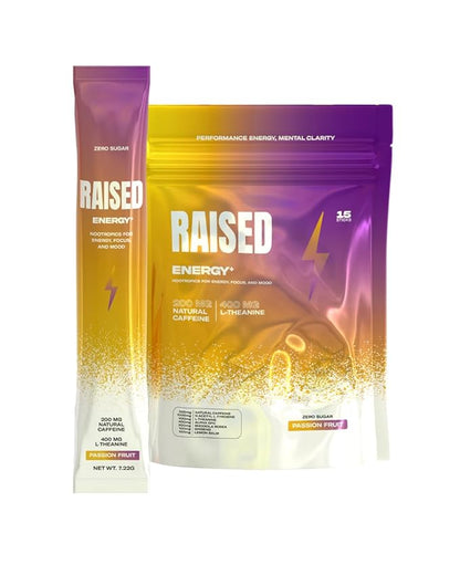 Raised Energy+ Nootropic Drink Mix | 200mg Natural Caffeine + L-Theanine | Zero Sugar | Clean Energy Powder for Focus, Mood & Motivation | 15 Stick Packs | Passion Fruit Flavor