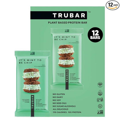 TRUBAR Vegan Protein Bar,It's Mint To Be Chip, Gluten Free, Plant Based Protein, Dairy Free, Non GMO, Soy Free, No Sugar Alcohols, 12G Protein, 12G Fiber, 23G Carb, On the Go Snack Bars, 12ct